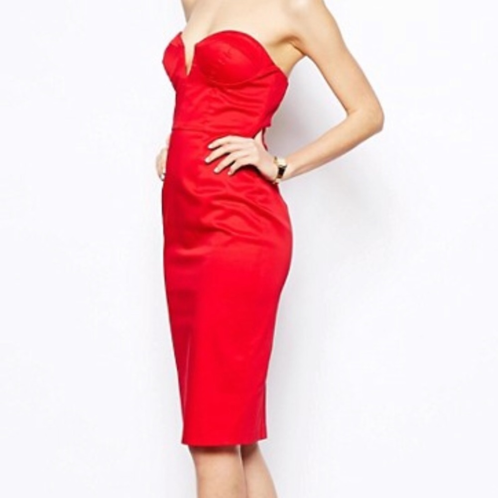 Asos bandeau midi dress deep v red NWT